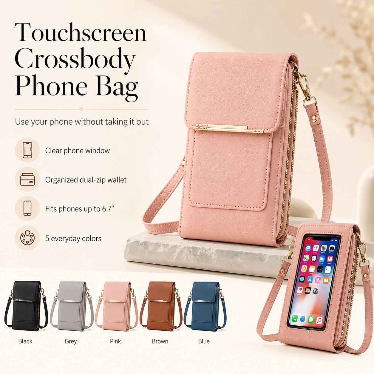 📱Clear-Window Crossbody – Touch through, card slots & dual zipper, cute for school.