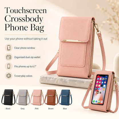 📱Clear-Window Crossbody – Touch through, card slots & dual zipper, cute for school.