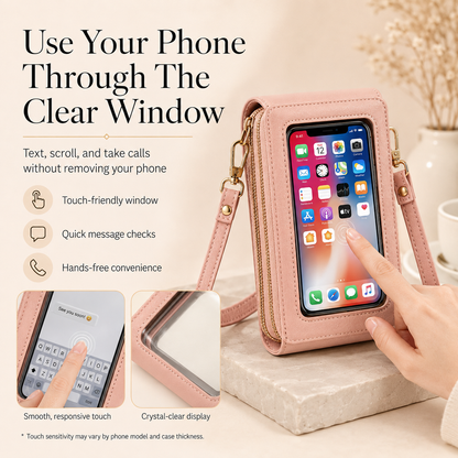 📱Clear-Window Crossbody – Touch through, card slots & dual zipper, cute for school.