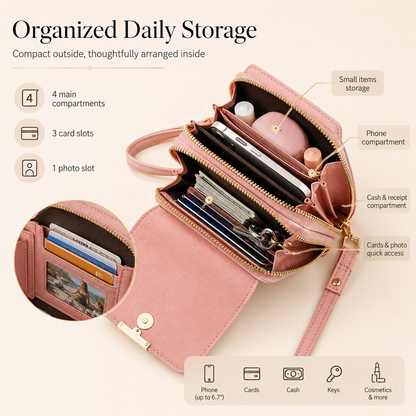 📱Clear-Window Crossbody – Touch through, card slots & dual zipper, cute for school.