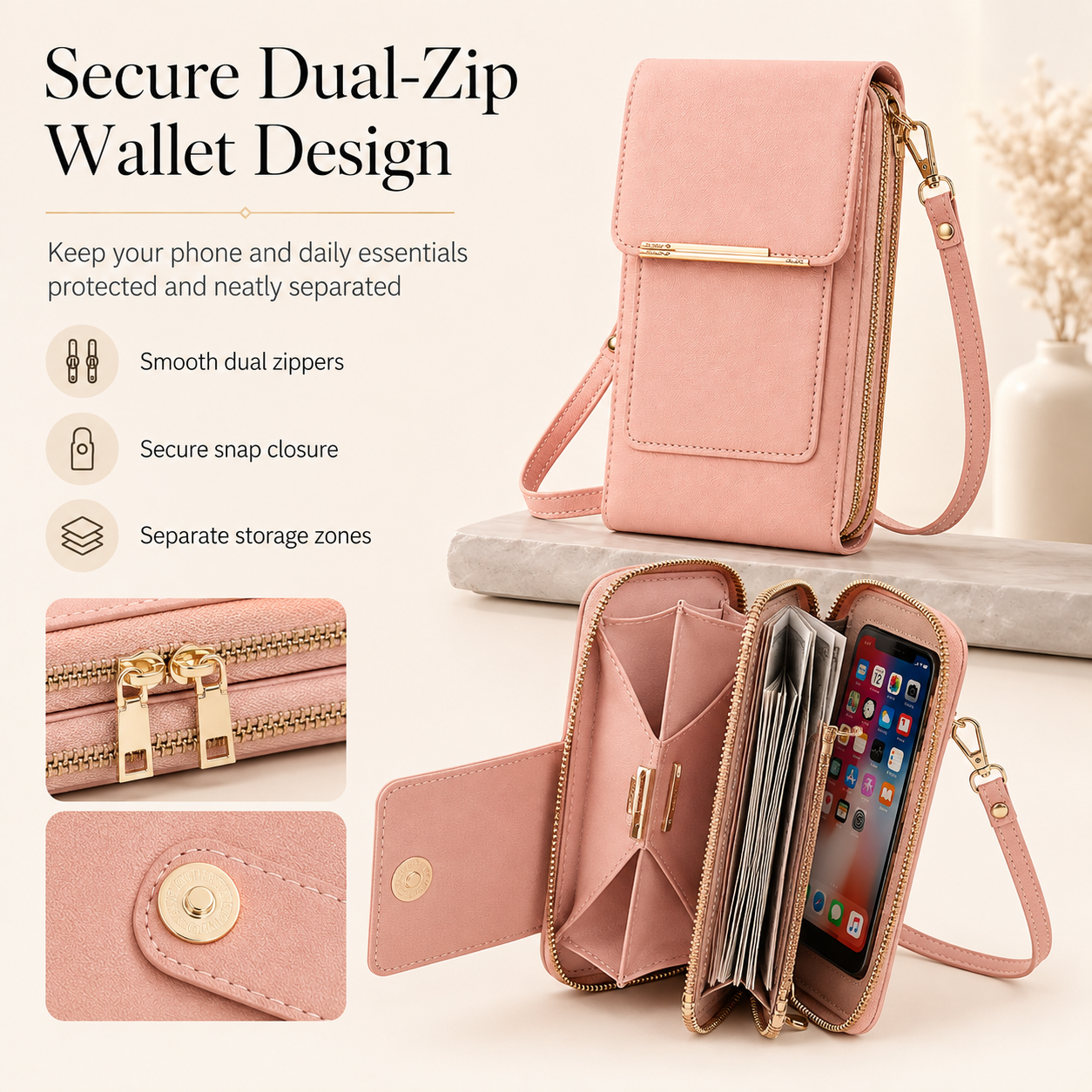 📱Clear-Window Crossbody – Touch through, card slots & dual zipper, cute for school.