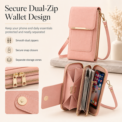 📱Clear-Window Crossbody – Touch through, card slots & dual zipper, cute for school.