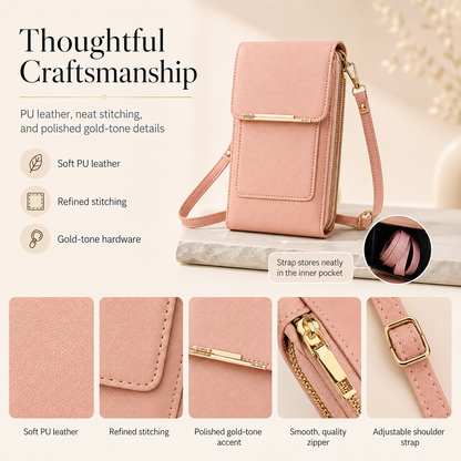 📱Clear-Window Crossbody – Touch through, card slots & dual zipper, cute for school.