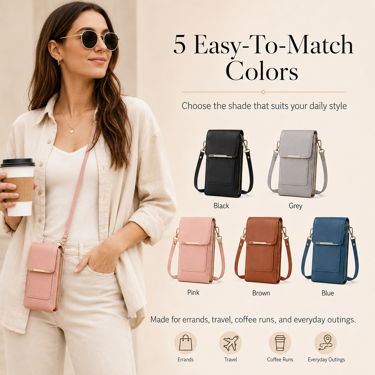 📱Clear-Window Crossbody – Touch through, card slots & dual zipper, cute for school.