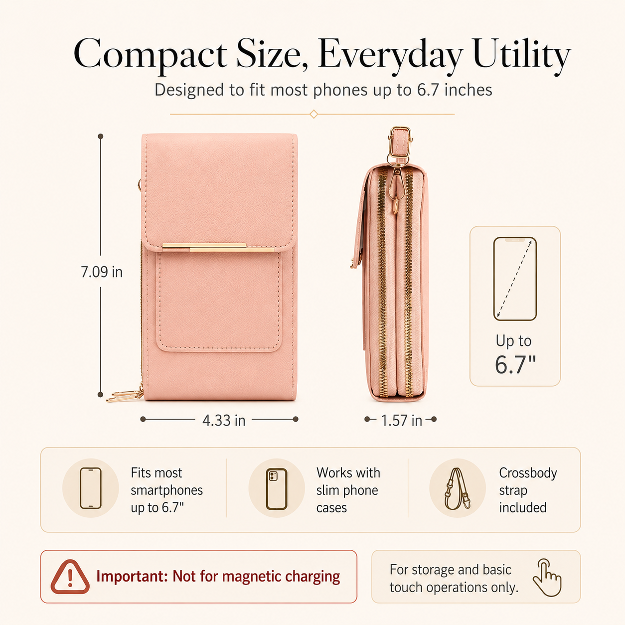 📱Clear-Window Crossbody – Touch through, card slots & dual zipper, cute for school.