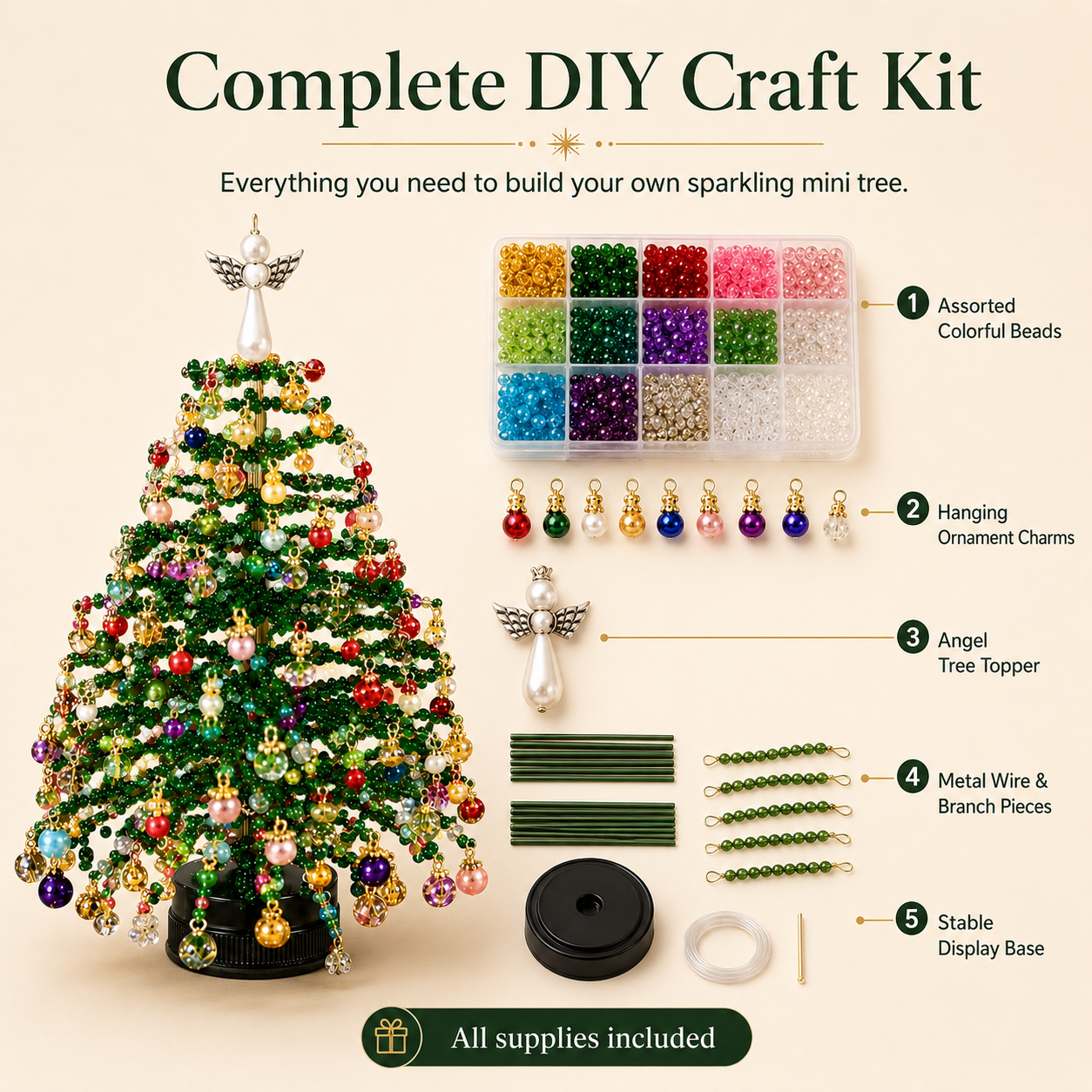 🎄 DIY Beaded Christmas Tree Kit – Mini Crystal Beads, Angel Topper & Base, Fun Holiday Craft Set