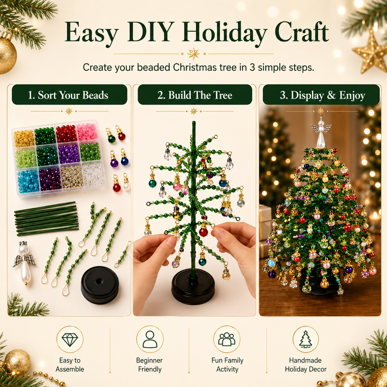 🎄 DIY Beaded Christmas Tree Kit – Mini Crystal Beads, Angel Topper & Base, Fun Holiday Craft Set
