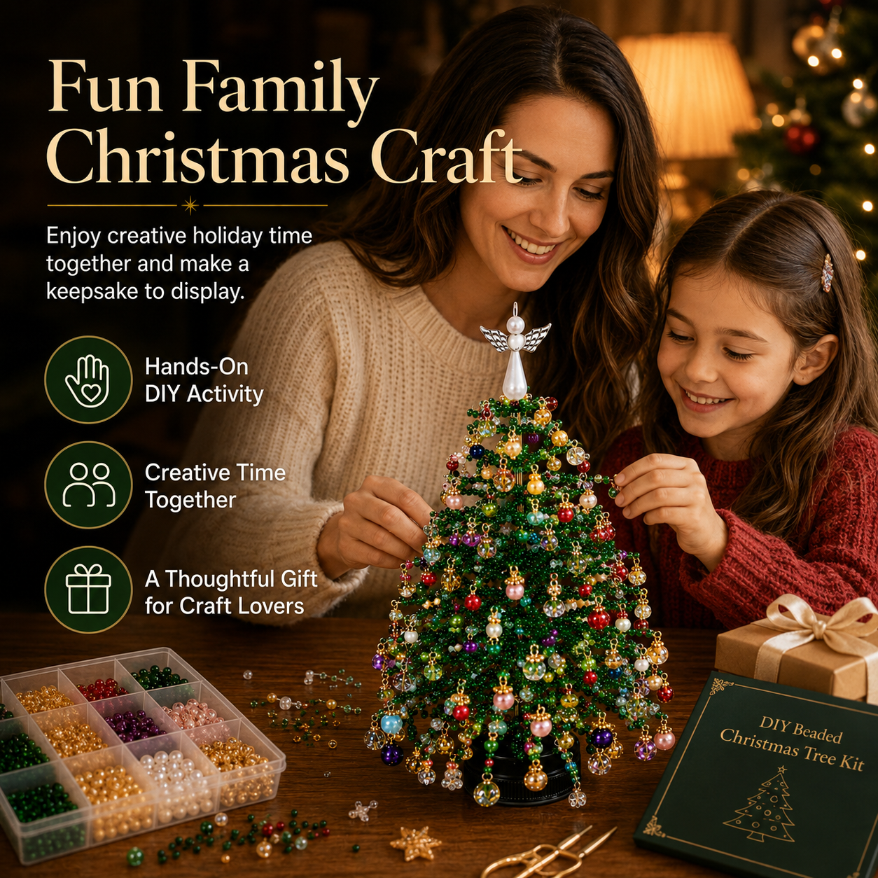 🎄 DIY Beaded Christmas Tree Kit – Mini Crystal Beads, Angel Topper & Base, Fun Holiday Craft Set