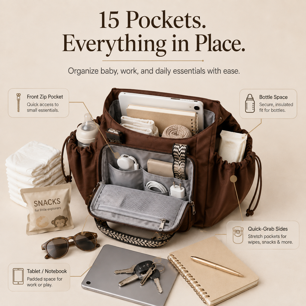 👜 The Ultimate Everyday Tote – 15 Pockets, Work & Diaper Ready