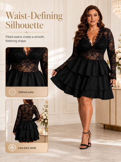 🔥Glam Style Deal 💃Plus Size Lace Panel Deep V-Neck Dress with Sheer Layered Hem for Parties & Nights Out