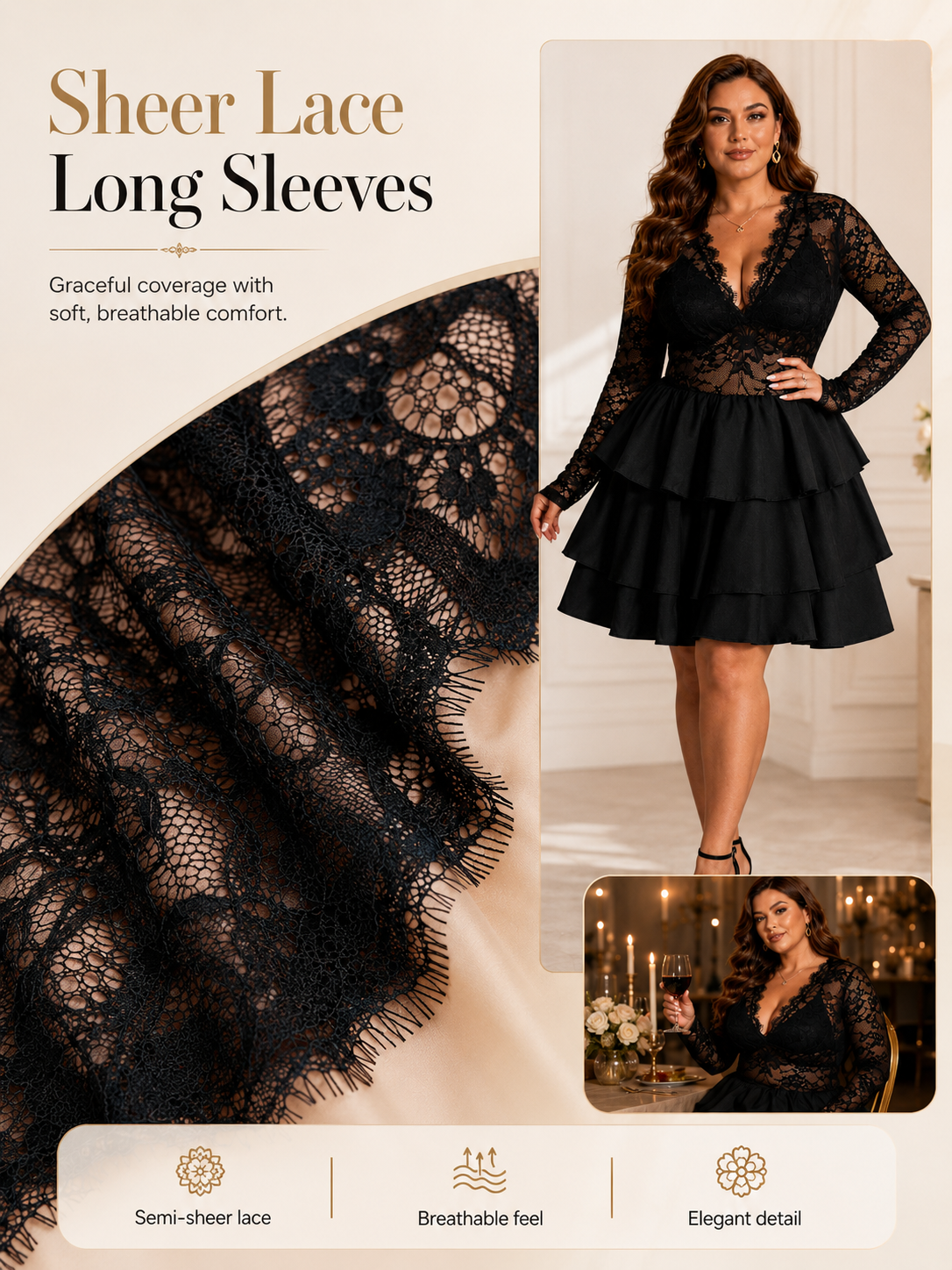 🔥Glam Style Deal 💃Plus Size Lace Panel Deep V-Neck Dress with Sheer Layered Hem for Parties & Nights Out