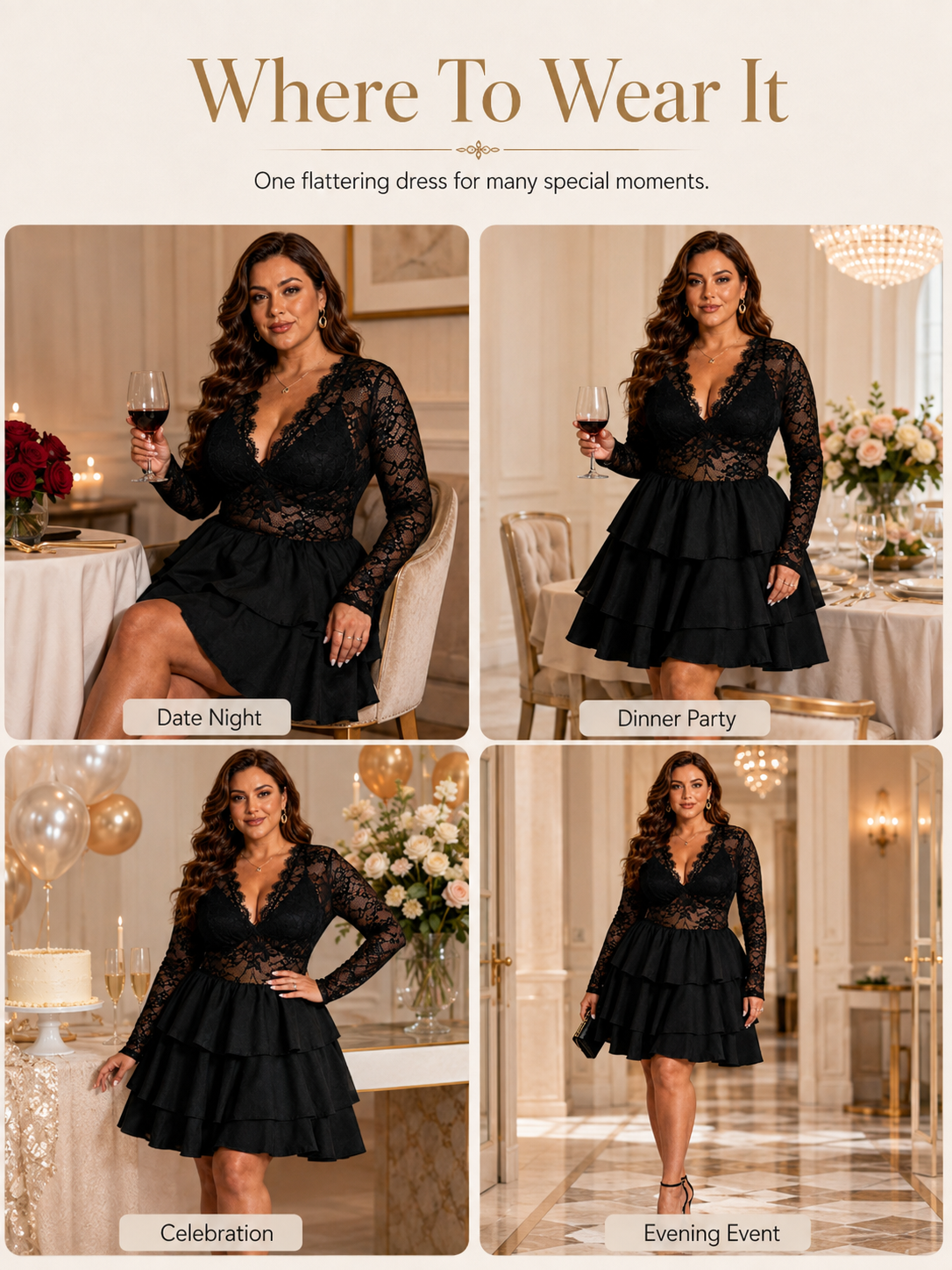 🔥Glam Style Deal 💃Plus Size Lace Panel Deep V-Neck Dress with Sheer Layered Hem for Parties & Nights Out
