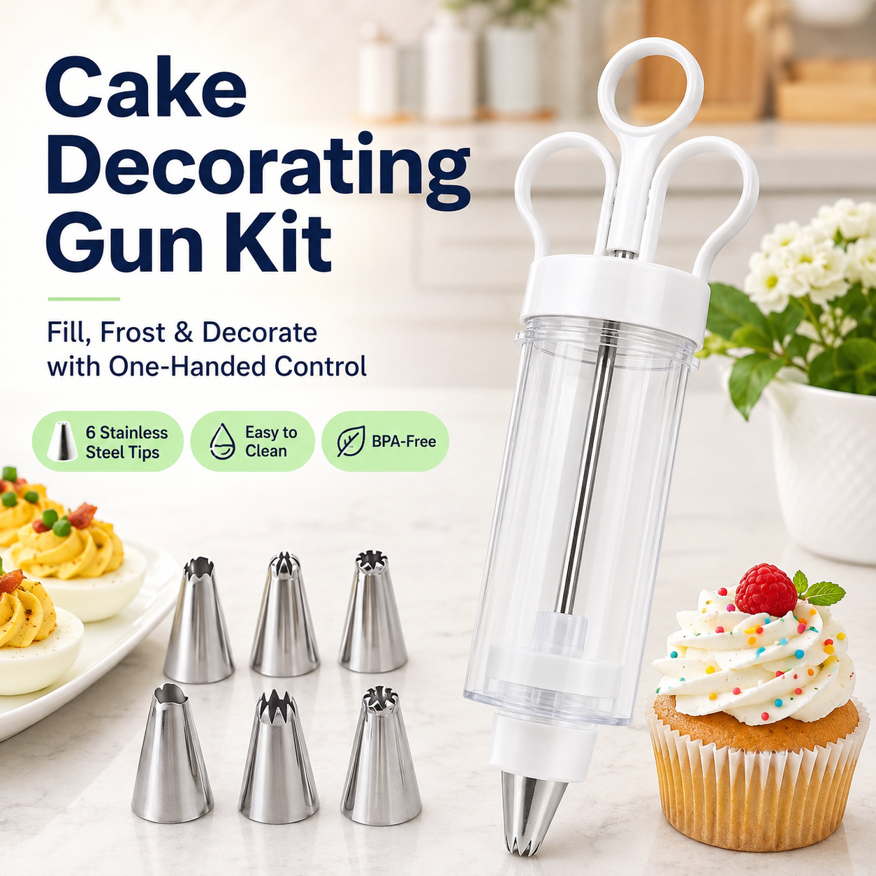 Stainless Steel Cake Decorating Gun Kit – 6 Icing Nozzles & Pastry Piping Set for Cakes, Cupcakes & Desserts