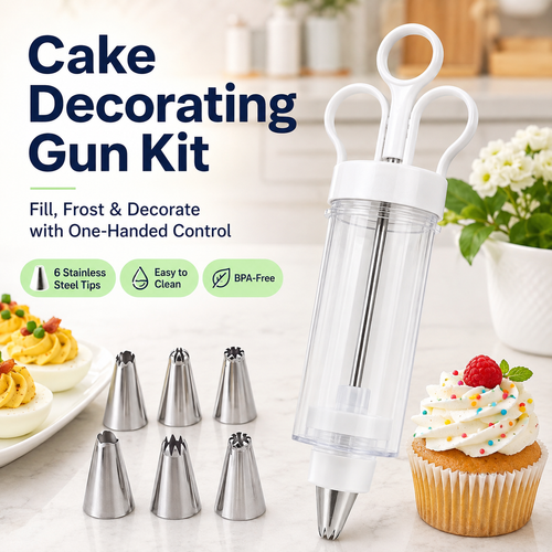 Stainless Steel Cake Decorating Gun Kit – 6 Icing Nozzles & Pastry Piping Set for Cakes, Cupcakes & Desserts