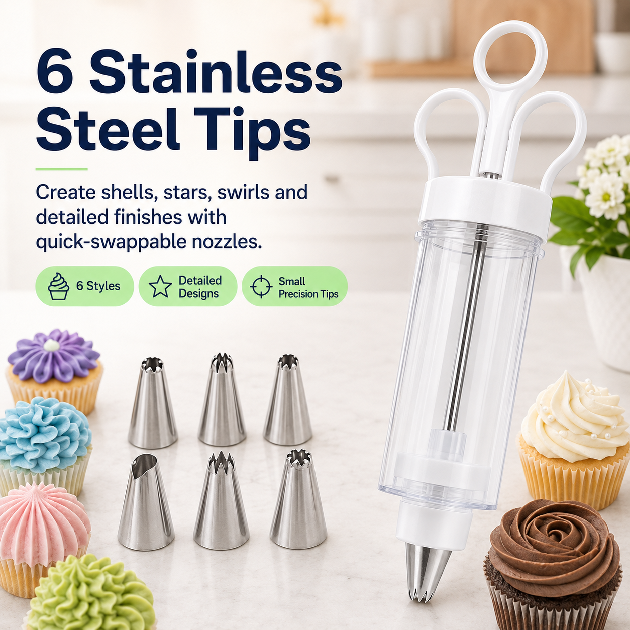 Stainless Steel Cake Decorating Gun Kit – 6 Icing Nozzles & Pastry Piping Set for Cakes, Cupcakes & Desserts