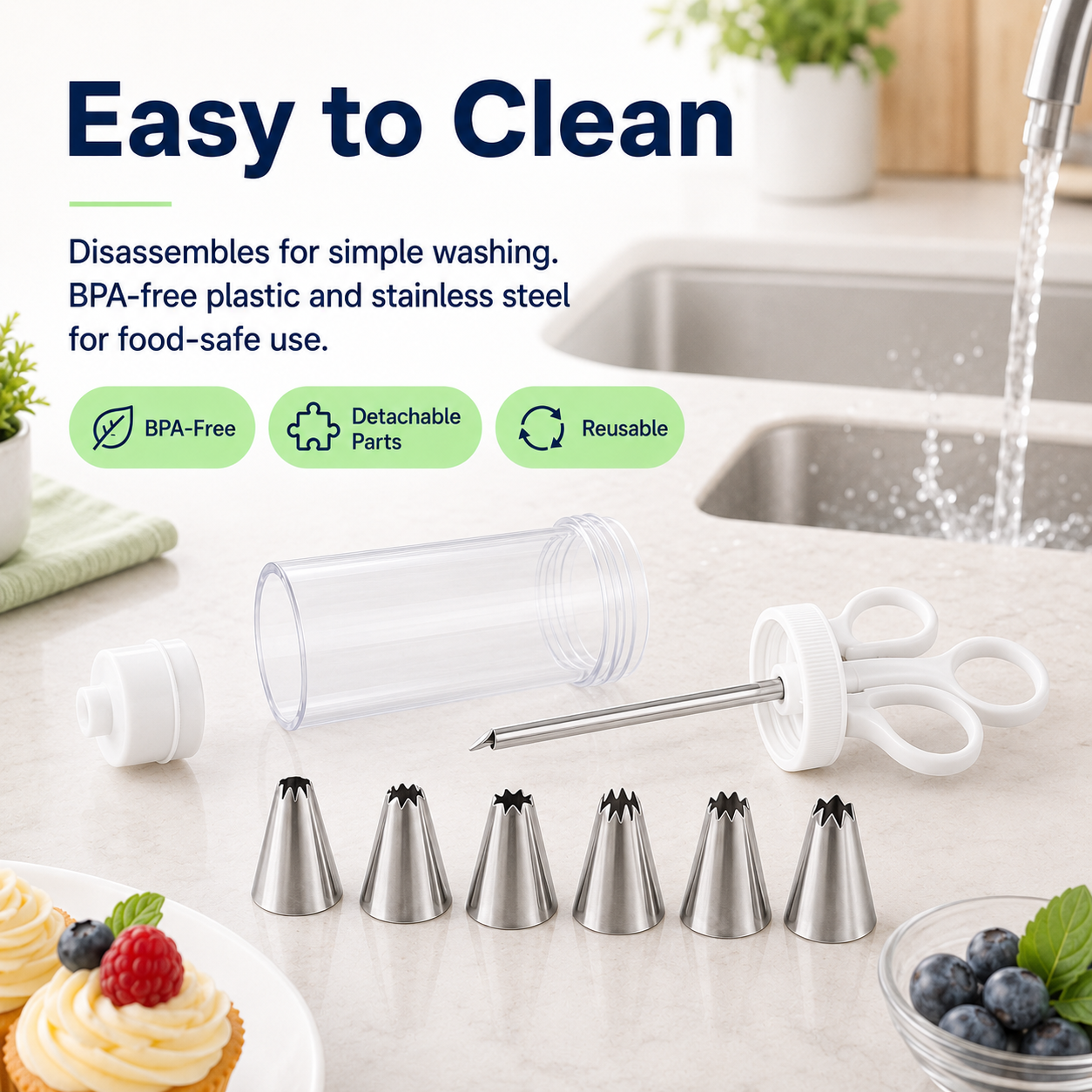 Stainless Steel Cake Decorating Gun Kit – 6 Icing Nozzles & Pastry Piping Set for Cakes, Cupcakes & Desserts