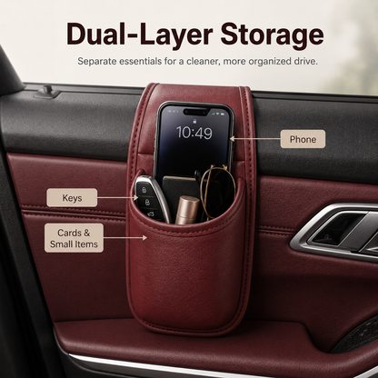 🧰Leather Double-Layer Car Door Storage Pocket – Scratch-Proof Lining, Adhesive-Free, Organizes Keys & Phones
