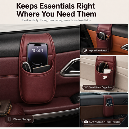 🧰Leather Double-Layer Car Door Storage Pocket – Scratch-Proof Lining, Adhesive-Free, Organizes Keys & Phones