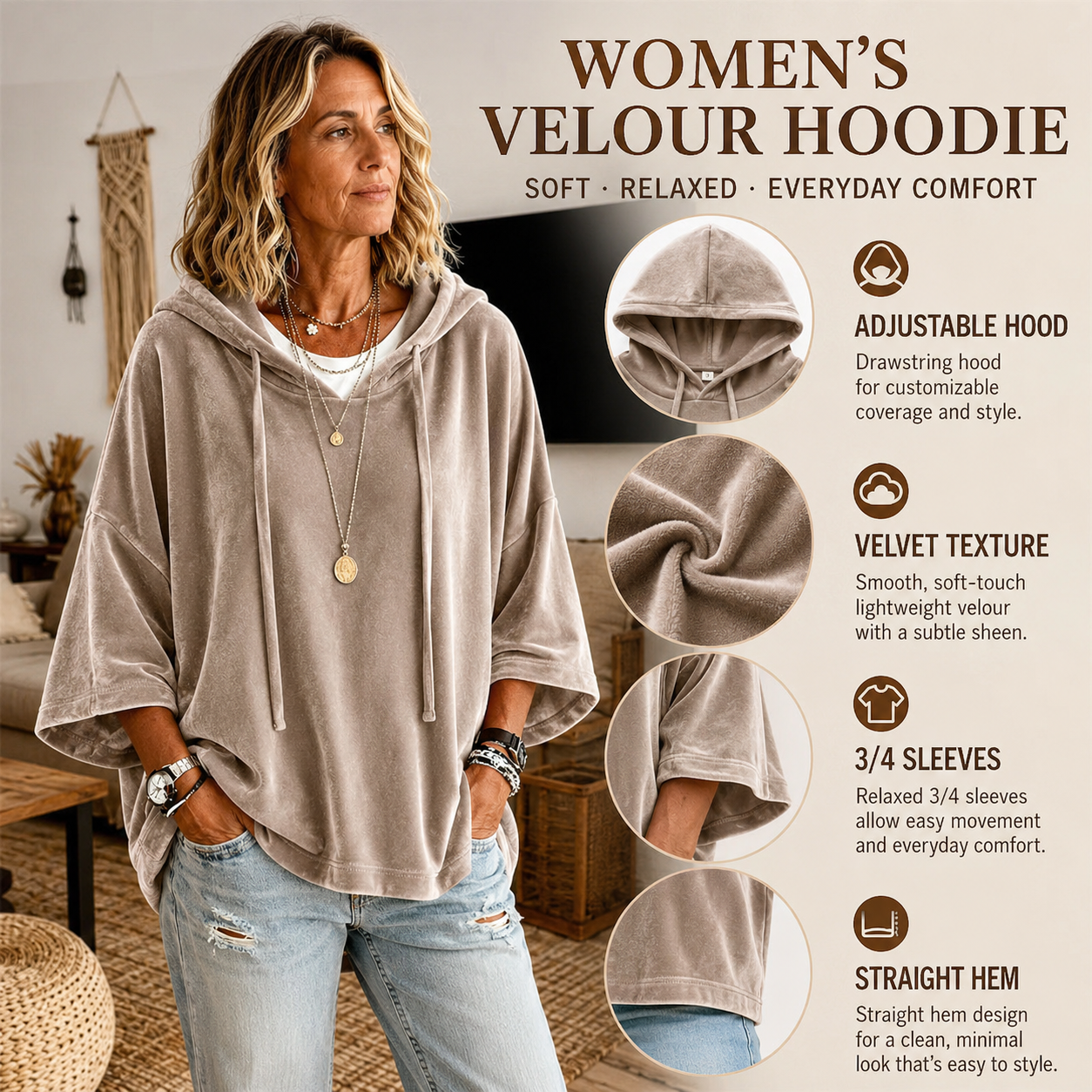 👗 Women's Minimalist Velour Hoodie – Loose Fit, 3/4 Sleeves, Soft Velvet Pullover for Fall & Winter
