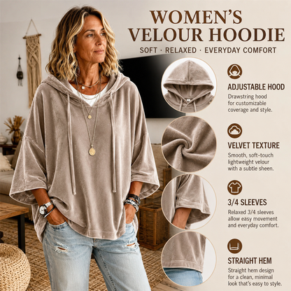 👗 Women's Minimalist Velour Hoodie – Loose Fit, 3/4 Sleeves, Soft Velvet Pullover for Fall & Winter