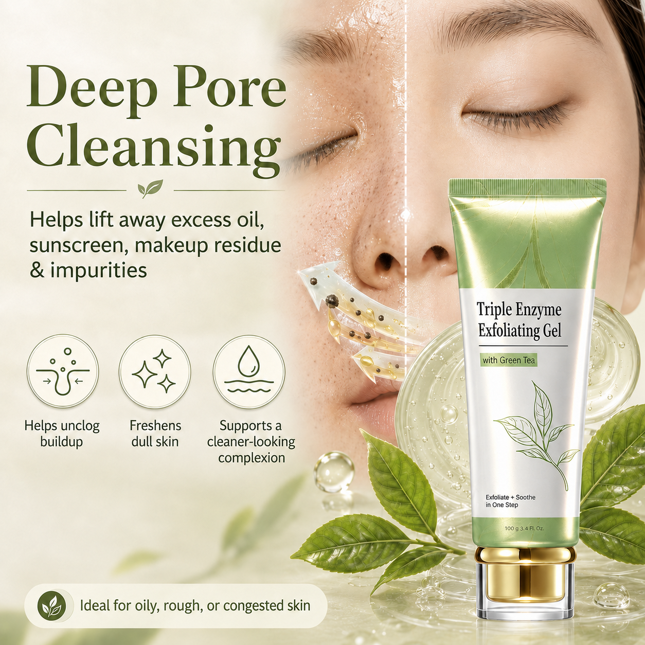 🌿 Triple Enzyme Exfoliating Peel Gel – AHA + BHA with Green Tea, Hyaluronic Acid for Smooth, Radiant Skin