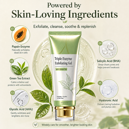 🌿 Triple Enzyme Exfoliating Peel Gel – AHA + BHA with Green Tea, Hyaluronic Acid for Smooth, Radiant Skin
