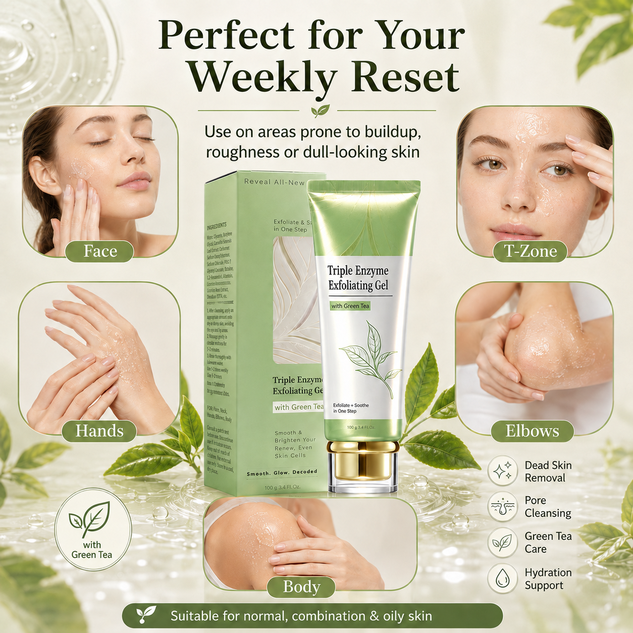 🌿 Triple Enzyme Exfoliating Peel Gel – AHA + BHA with Green Tea, Hyaluronic Acid for Smooth, Radiant Skin