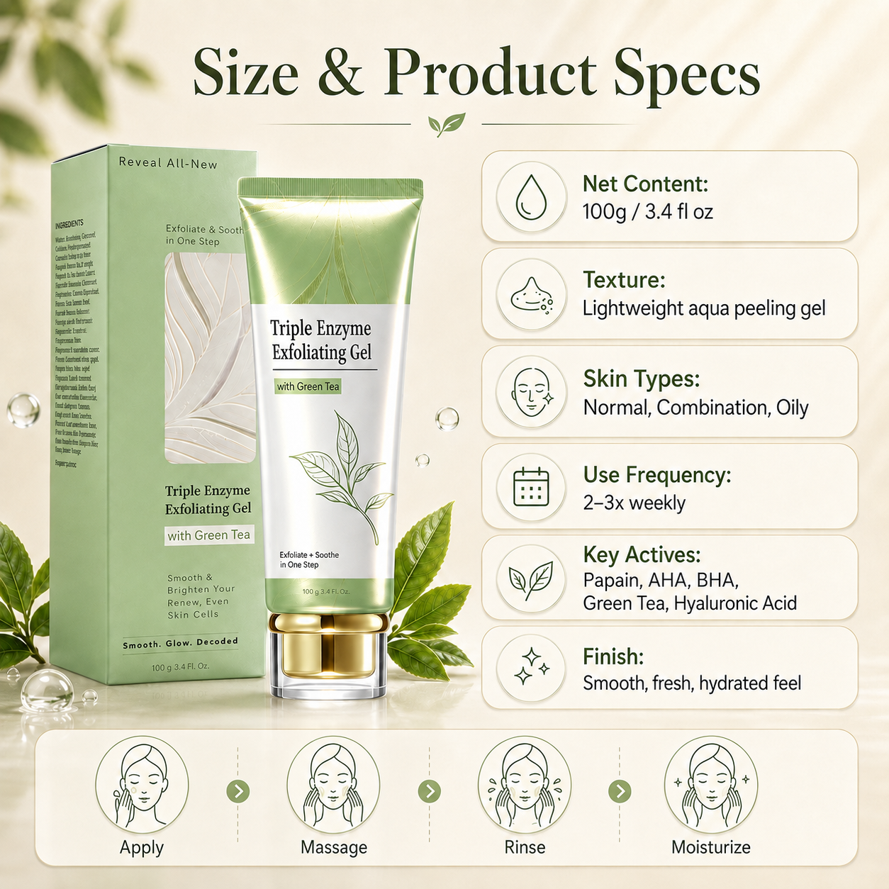 🌿 Triple Enzyme Exfoliating Peel Gel – AHA + BHA with Green Tea, Hyaluronic Acid for Smooth, Radiant Skin