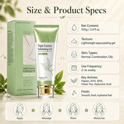 🌿 Triple Enzyme Exfoliating Peel Gel – AHA + BHA with Green Tea, Hyaluronic Acid for Smooth, Radiant Skin
