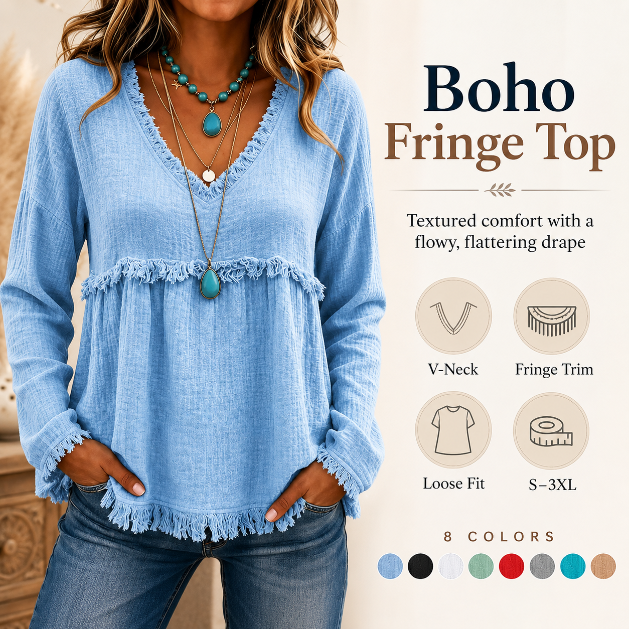 🌾Boho Fringe V-Neck Top – Flowy, Loose & Tassel Hem