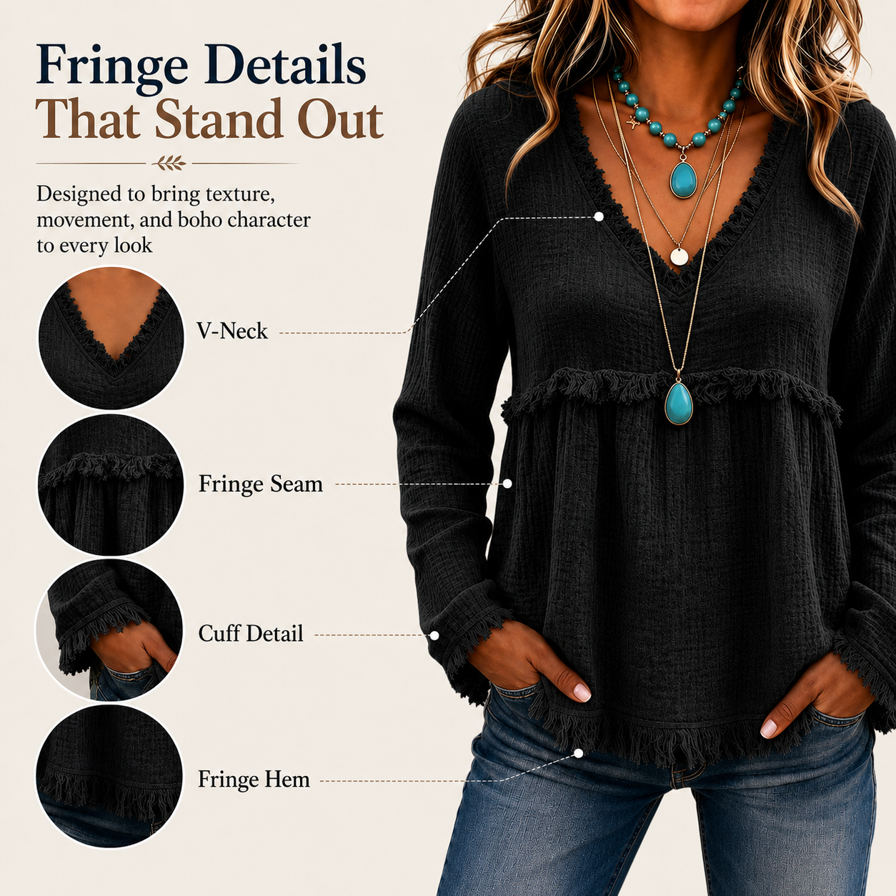 🌾Boho Fringe V-Neck Top – Flowy, Loose & Tassel Hem