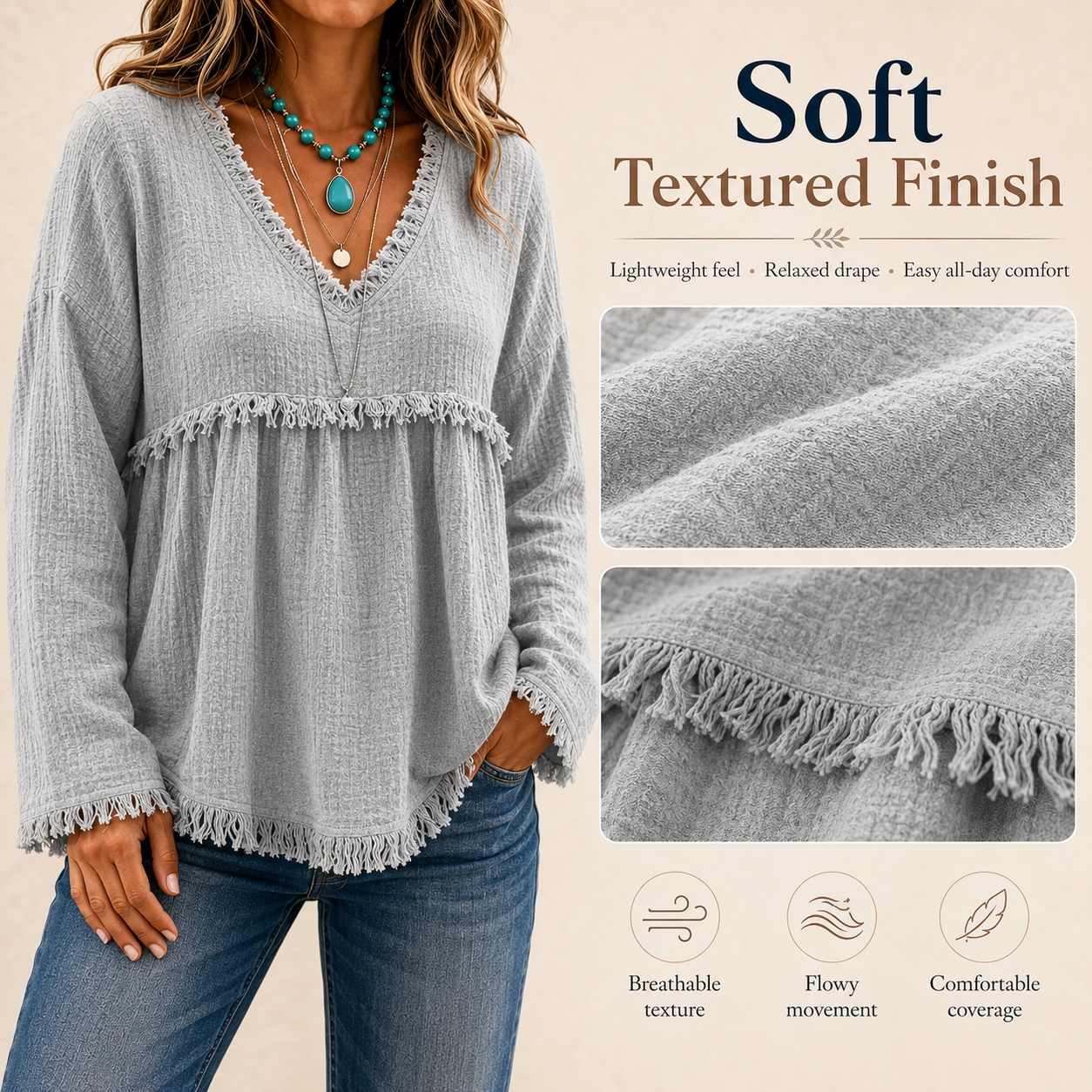 🌾Boho Fringe V-Neck Top – Flowy, Loose & Tassel Hem