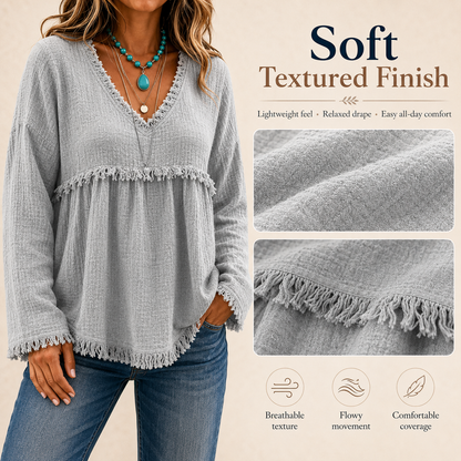 🌾Boho Fringe V-Neck Top – Flowy, Loose & Tassel Hem