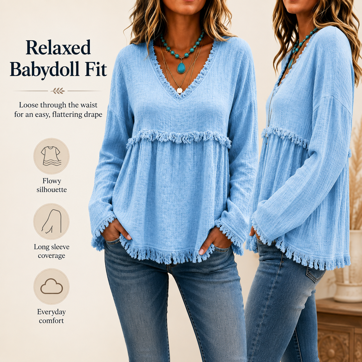 🌾Boho Fringe V-Neck Top – Flowy, Loose & Tassel Hem