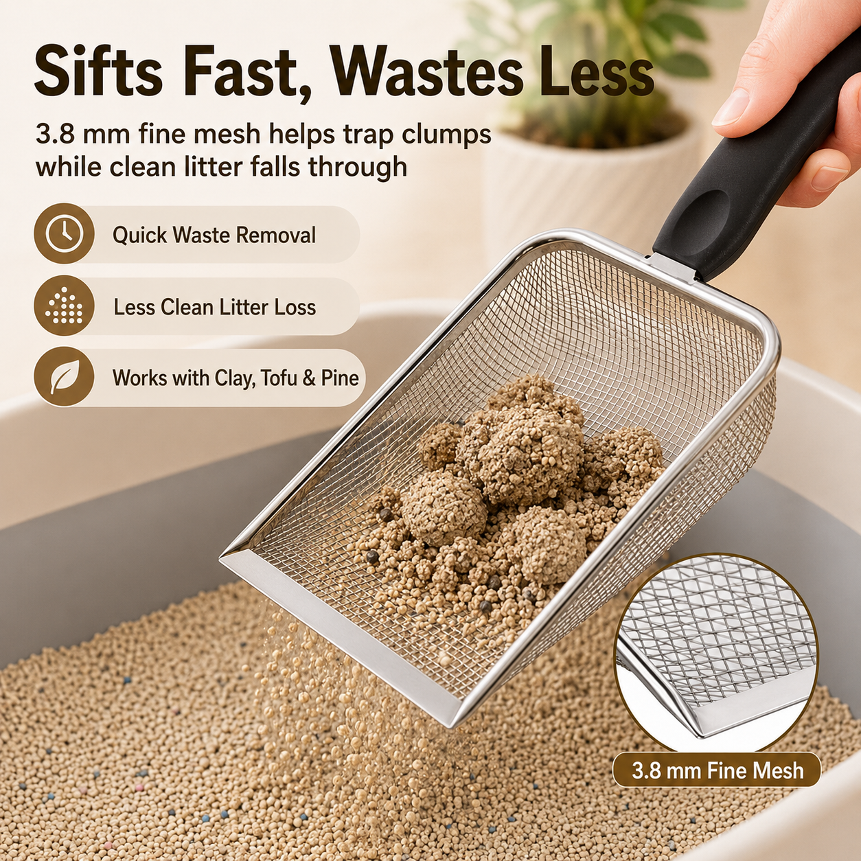 🐱 Stainless Steel Litter Scoop – Sturdy Mesh, Long Handle, All Litter
