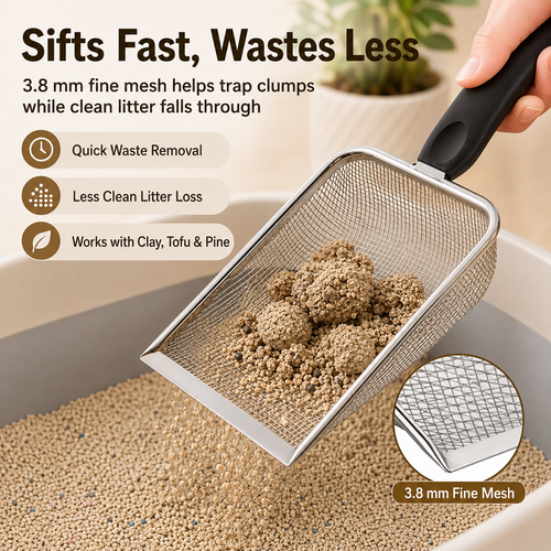 🐱 Stainless Steel Litter Scoop – Sturdy Mesh, Long Handle, All Litter
