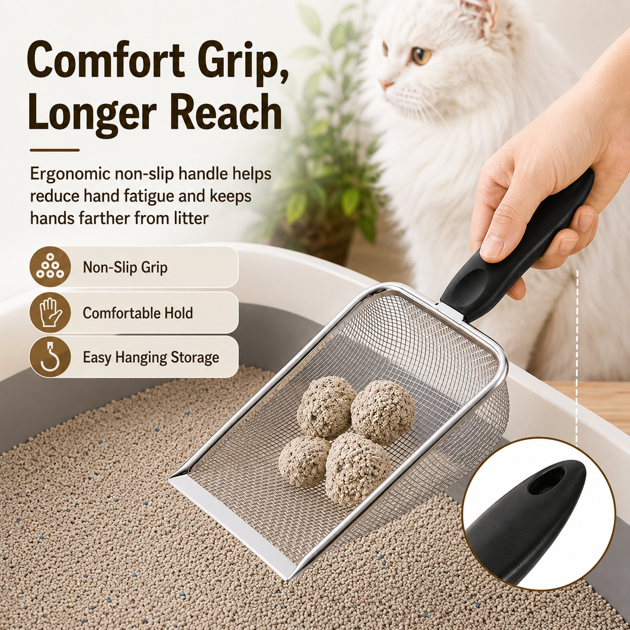 🐱 Stainless Steel Litter Scoop – Sturdy Mesh, Long Handle, All Litter