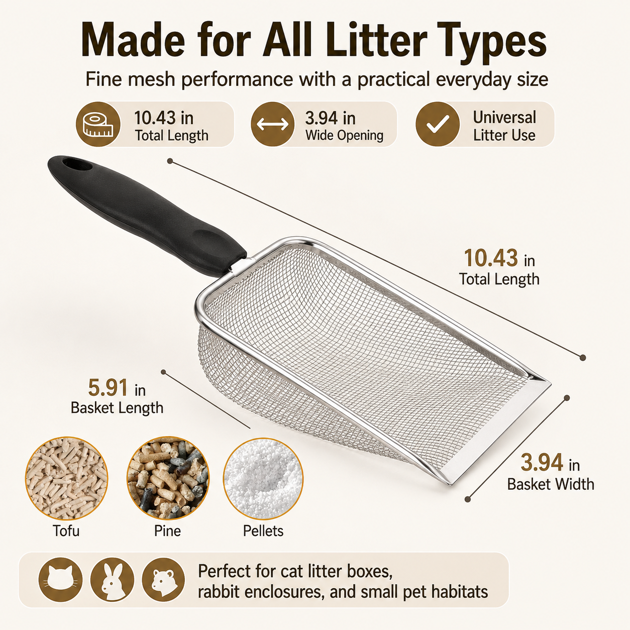 🐱 Stainless Steel Litter Scoop – Sturdy Mesh, Long Handle, All Litter