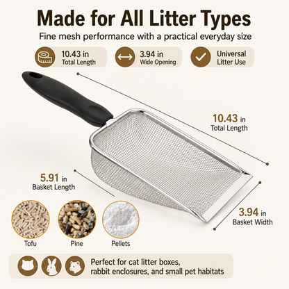 🐱 Stainless Steel Litter Scoop – Sturdy Mesh, Long Handle, All Litter