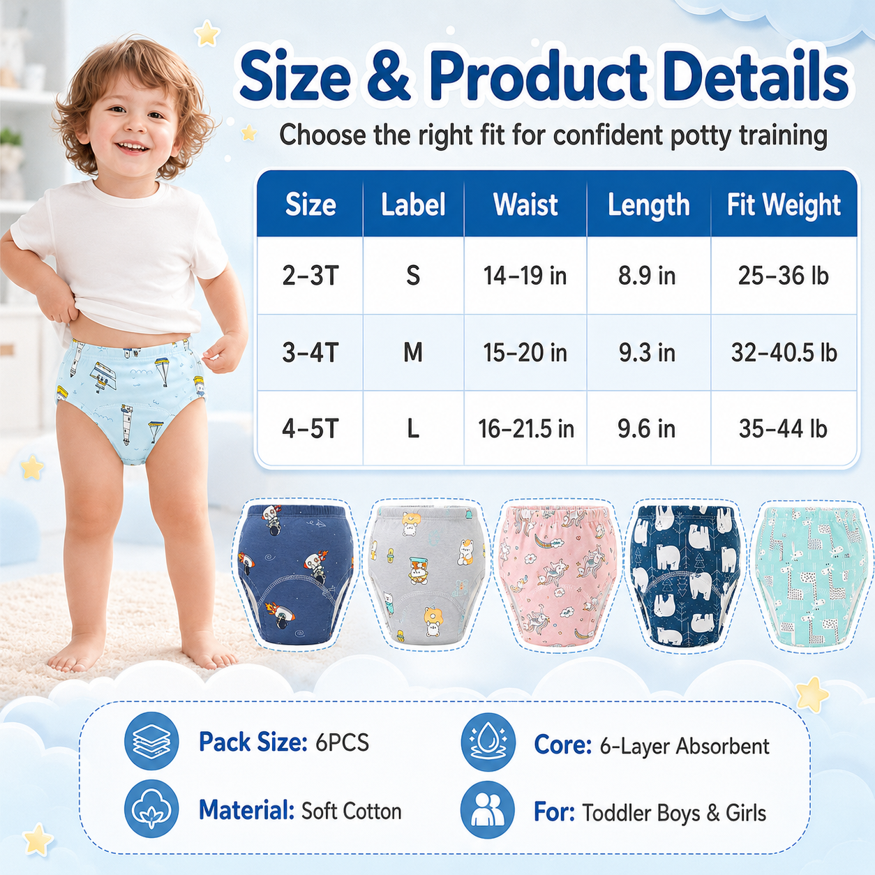 🧸 Toddler Training Undies – Soft, Leak-Proof, Fun Characters, 6-Pack