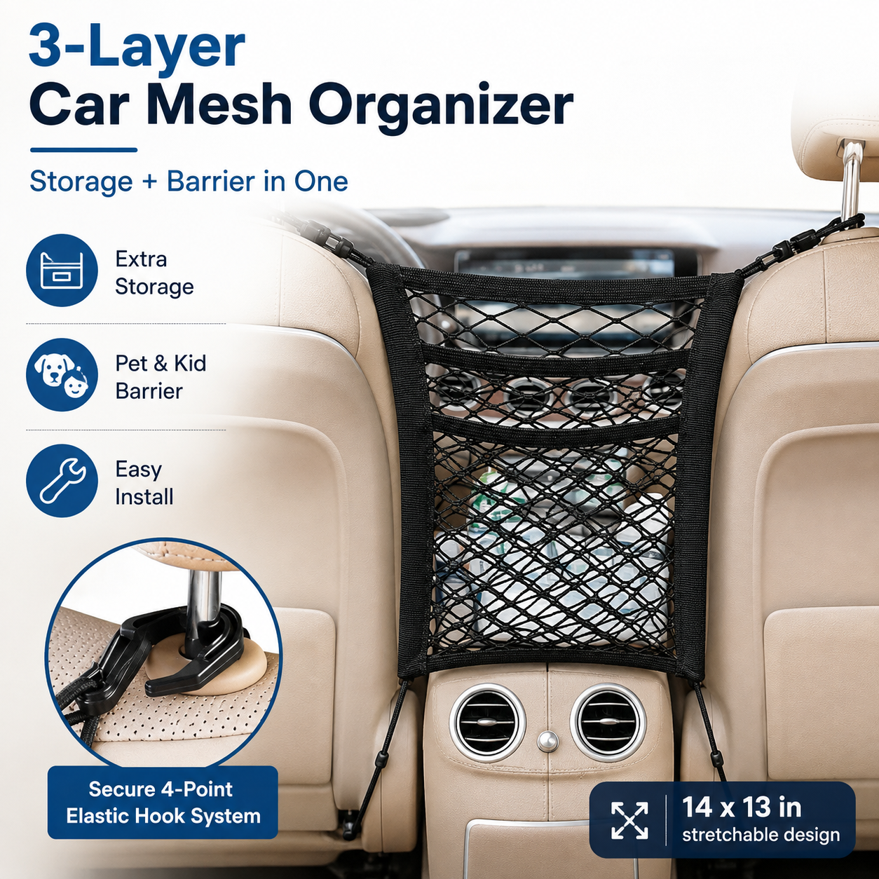 🚗 3-Layer Mesh Car Organizer – Seat Back Storage Net