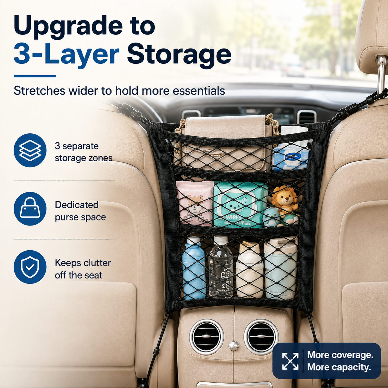🚗 3-Layer Mesh Car Organizer – Seat Back Storage Net