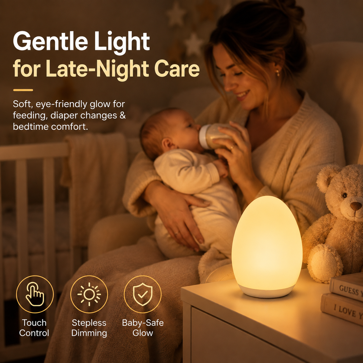 🥚 Rechargeable Tap Night Light – 7 RGB Colors + Stepless Dimming, Baby Room Essential