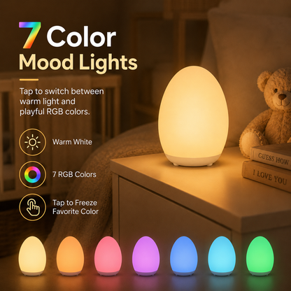 🥚 Rechargeable Tap Night Light – 7 RGB Colors + Stepless Dimming, Baby Room Essential