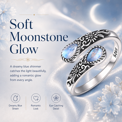 ✨ Adjustable Moonstone Ring – Vintage Floral Open Band, Soft Glow for Everyday Wear