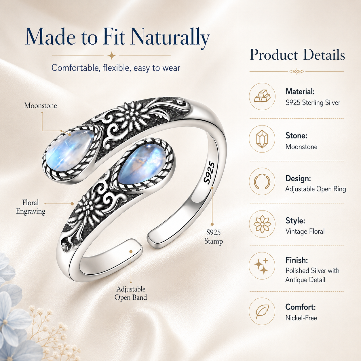 ✨ Adjustable Moonstone Ring – Vintage Floral Open Band, Soft Glow for Everyday Wear