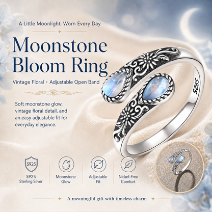 ✨ Adjustable Moonstone Ring – Vintage Floral Open Band, Soft Glow for Everyday Wear