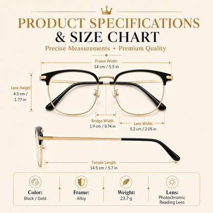 ✨ Photochromic Reading Eyewear – Square Browline Alloy Frame, Black/Gold, Outdoor Tint Shift + UV Shield