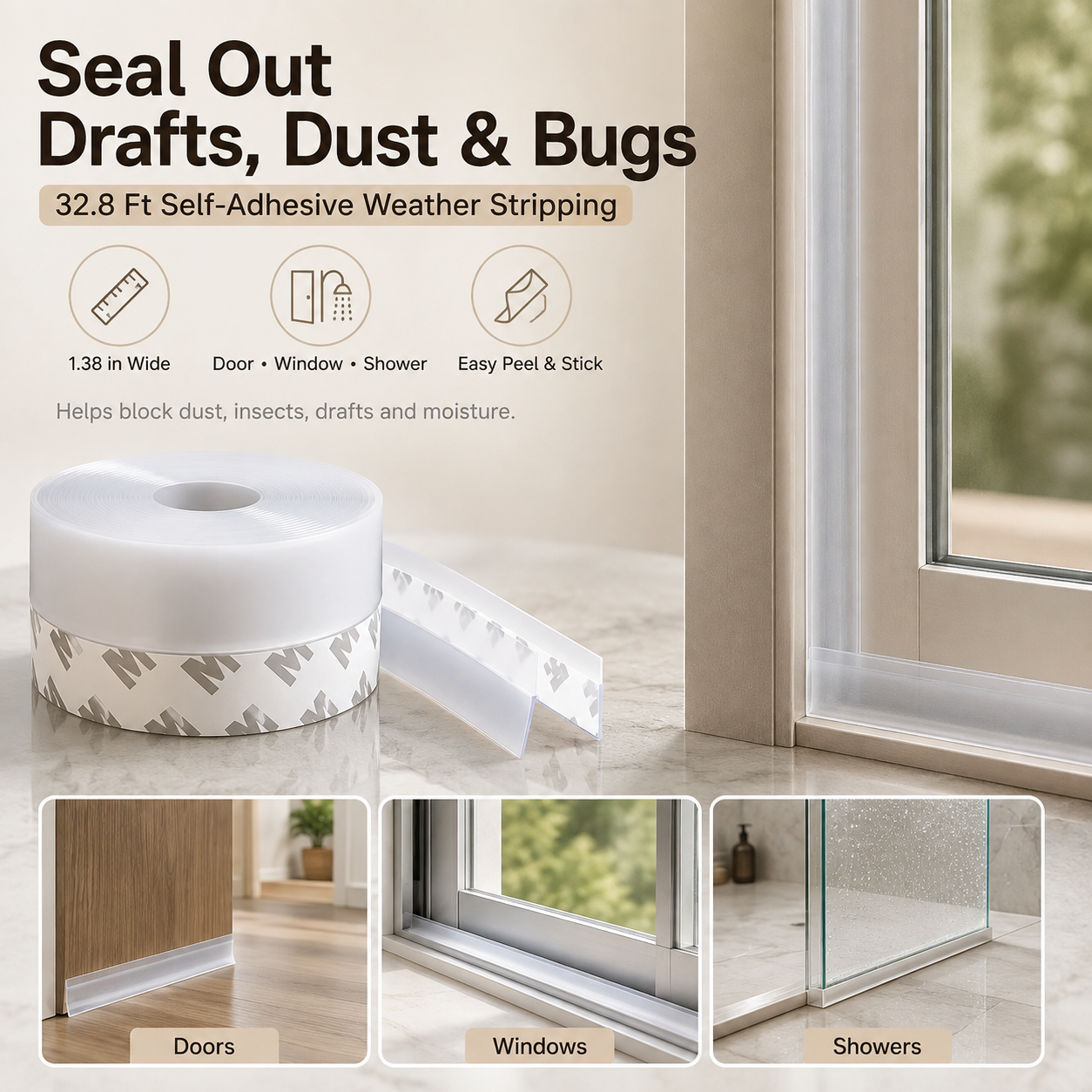 🚪 Adhesive Weather Stripping Tape – 32.8Ft x 1.38in, Draft Stopper for Doors & Windows, Shower Sealing