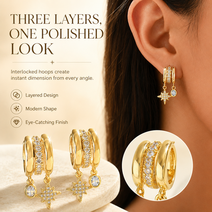 🌟 3-Tier Gold Earrings with Zircon – Perfect Gift for Girls